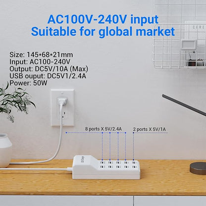 10-Port USB Charger Station, 50W10A Multiport Charger Hub for iPhone, Galaxy, iPad & More, 3.3FT