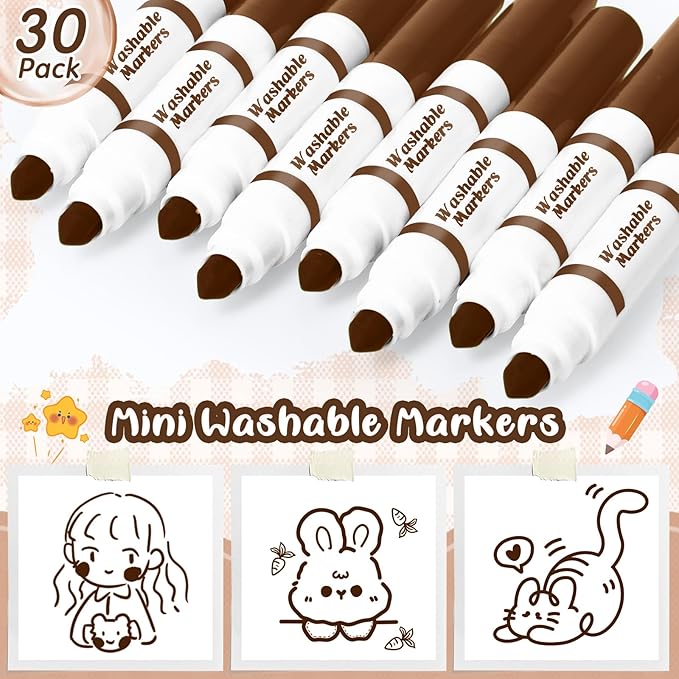 Janlaugh 30 Pcs Mini Washable Markers Bulk Broad Line Conical Tip Washable Mark Pen Set Short Coloring Paint Pen for Art Projects Teacher Party Favors(Brown)
