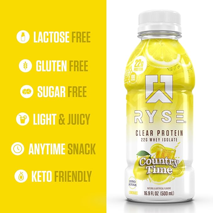 RYSE Clear Protein Drink - Country Time Lemonade - 100 Calories, 22g Whey Isolate Protein Shake, Sugar-Free, 0g Fat & Lactose-Free - Refreshing Ready-to-Drink Beverage - 16.9 fl oz Bottles (12-Pack)