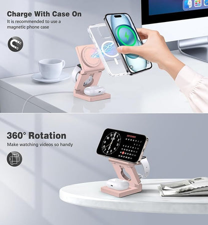 3 in 1 Wireless Charging Station for Apple Multple Devices - Foldable Magnetic Wireless Charger Dock -Travel 18W Charging Pad for iPhone 16 15 14 13 12 Pro/Pro Max/Plus/Watch & Airpods All Series Red