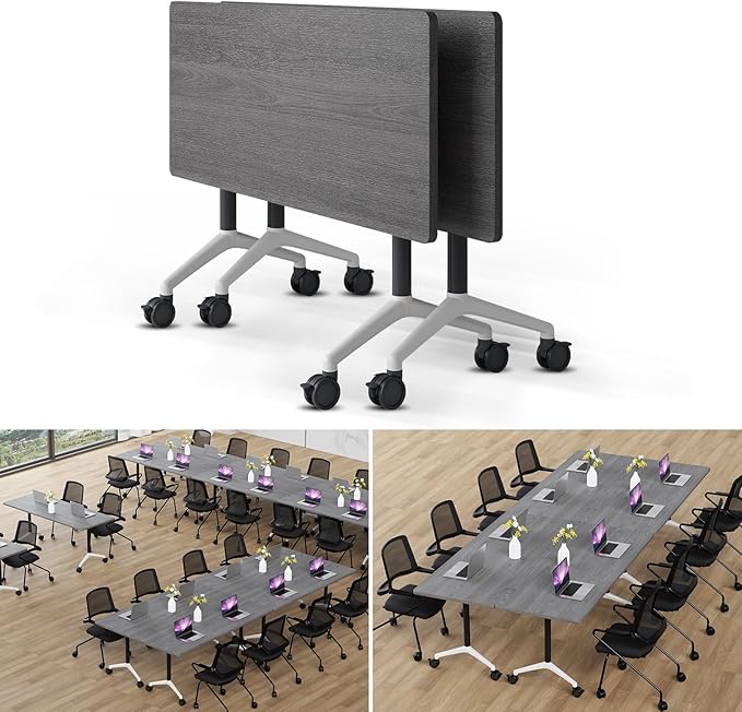 Folding Conference Table Modern Large Mobile Meeting Table Rolling Conference Room Tables with Wheels Seminar Tables for Office Training Classroom (2, Oak Grey, 47.2" D X 23.6" W X 29.5" H)