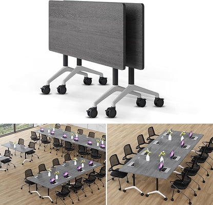 Folding Conference Table Modern Large Mobile Meeting Table Rolling Conference Room Tables with Wheels Seminar Tables for Office Training Classroom (2, Oak Grey, 70.9" D X 23.6" W X 29.5" H)