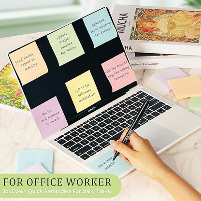 Pop Up Sticky Notes Lined 3x3 inch,12 Pad Easy to Post Sticky Notes with Lines, 600 Sheet, Pink Purple Blue Yellow Green Orange Color, Office Accessories