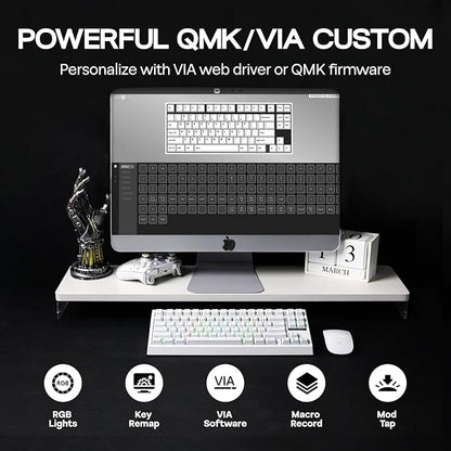 EPOMAKER G84 80% RGB Gaming Mechanical Keyboard, 2.4GHz/ Type-C/BT Wireless Keyboard, QMK/VIA Programmable, Hot-Swappable, NKRO, with Shine Through PBT Keycaps for Gamers (White, Creamy Jade Switch)