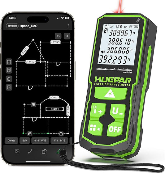 Huepar Laser Distance Measure 395Ft. Digital Rechargeable Laser Measuring Tool with Bluetooth -Phone APP, Angle Sensor, 1/16in Accuracy, M/in/Ft Unit, Pythagorean Mode, Measure Distance, Area, Volume