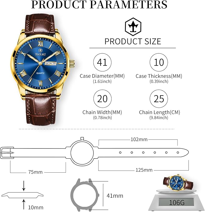 Men's Watch Big Face Easy Read Arabic Numeral Dress Watches for Men Classic Black Brown Leather Band Analog Mens Wrist Watch with Day and Date Fashion Business Waterproof Luminous Quartz Watch