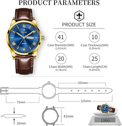 Men's Watch Big Face Easy Read Arabic Numeral Dress Watches for Men Classic Black Brown Leather Band Analog Mens Wrist Watch with Day and Date Fashion Business Waterproof Luminous Quartz Watch