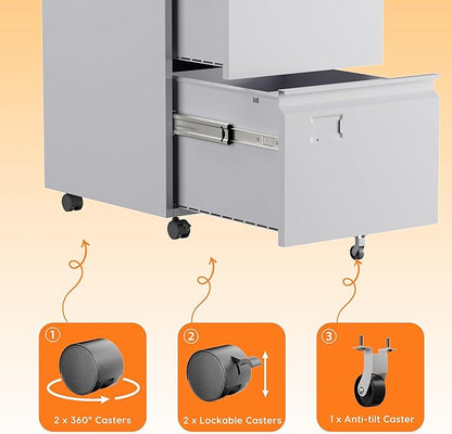 SUXXAN 2 Drawers Mobile File Cabinet, Metal Under Desk Cabinet with Lock, for Office & Home, Legal/Letter Size, W14.57”x D17.36”x H25.79”, Assembly Required(White)