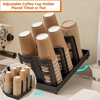 Cup and Lid Holder, CIT ZCFYU Adjustable Coffee Cup Organizer 6 Compartment, Disposable Paper Cup Dispenser fits 8-22oz, Plastic Cup Storage Rack for Coffee Station Bar Countertop Breakroom, Station