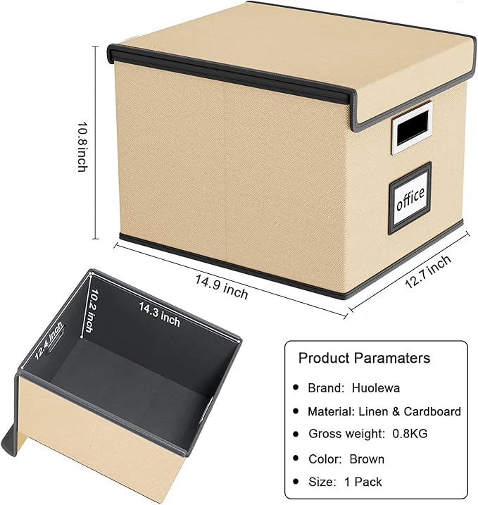 Huolewa File Organizer Box with Lid, Collapsible File Folder Organizer for Office Document Storage, Filing Box with Plastic Slide for Letter/Legal Size Hanging Files (Brown)