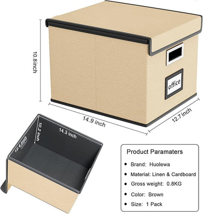 Huolewa File Organizer Box with Lid, Collapsible File Folder Organizer for Office Document Storage, Filing Box with Plastic Slide for Letter/Legal Size Hanging Files (Brown)