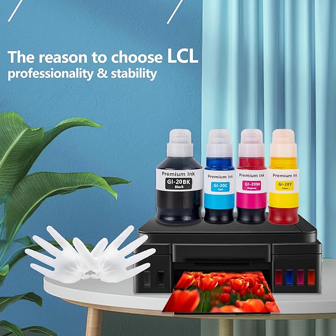 LCL GI-20 GI20 Ink Bottles Replacement for Canon 20 GI20 GI-20 Ink Refill Bottles Compatible with Canon PIXMA G5020 G6020 G7020 Printer (4-Pack,Black Cyan Magenta Yellow)