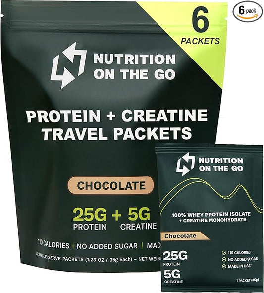 Nutrition On The Go Whey Protein Isolate Packets with Creatine – 25g Protein + 5g Creatine – Single-Serve Travel Protein Powder – Chocolate (6-Pack)