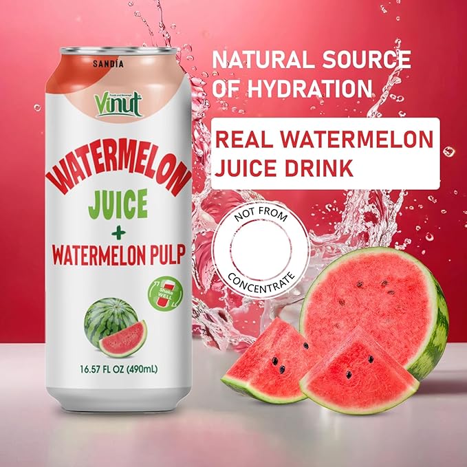 Vinut Natural Watermelon Juice Drink with Pulp, (16.57 fl oz, Pack of 6) Real Watermelon Juice, No Sugar Added, Gluten Free, GMO-Free