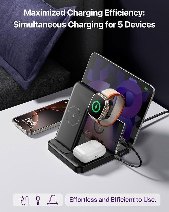 Intoval 5-in-1 Charging Station, for iPhones 17/17 Pro/17 Pro Max and Androids, iPad Pro/Air/Mini, Apple Watch 11/Ultra 3/Ultra 2/Ultra/10/9/8/7/SE, Wireless Charging Dock for Multiple Devices (Pink)