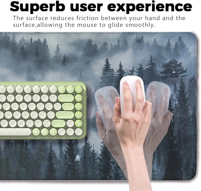 Grey Forest Patterns Desk Mat, Large Gaming Mouse Pad Non-Slip Rubber Base with Stitched Edges, Waterproof Protection for PC Laptop Home Office Desk Decor (35.4x15.7in)