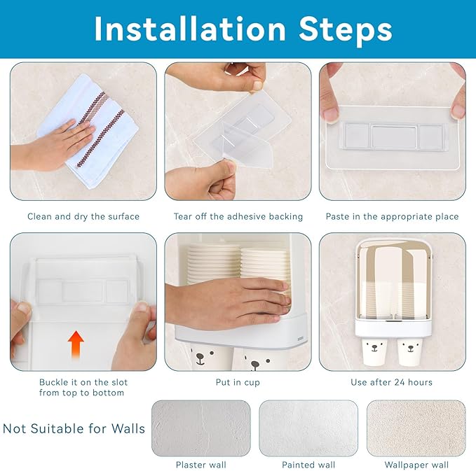 Cup Dispenser, Water Cooler Cup Holder for 5-7 oz Disposable Paper Cups and Plastic Cups, Wall Mount Water Cup Holder for Office Restaurant Home Gym, Pull Type Cup Dispenser - White, Double Cup