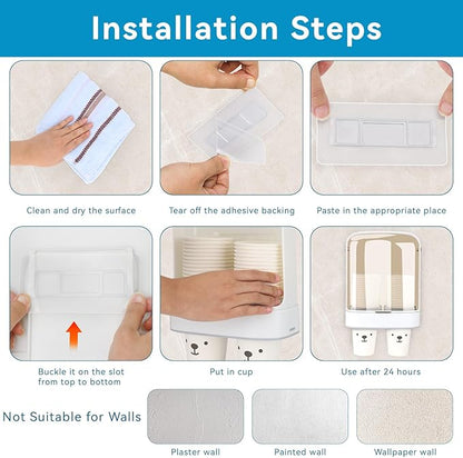 Cup Dispenser, Water Cooler Cup Holder for 5-7 oz Disposable Paper Cups and Plastic Cups, Wall Mount Water Cup Holder for Office Restaurant Home Gym, Pull Type Cup Dispenser - White, Double Cup