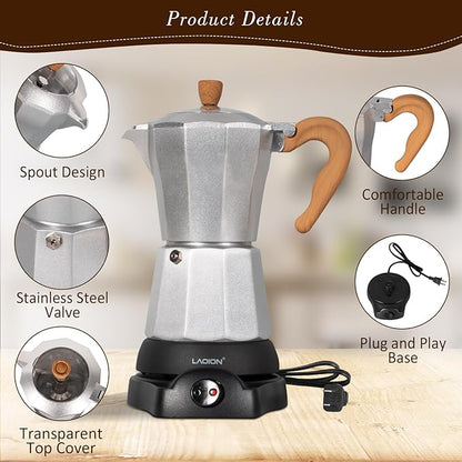 Cafeteras Electricas Modernas,6 Cup Portable Espresso Maker,300ml Moka Pot with Detachable Base & Overheat Protection, Great for Home，Office, or Travel, a Thoughtful Gift for Coffee Lovers
