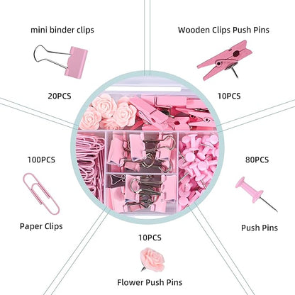Pink Desk Accessories,220PCS Paper Clips and Binder Clips Small with Decorative Push Pins Cips for School Home Office Aesthetic Desk Accessories