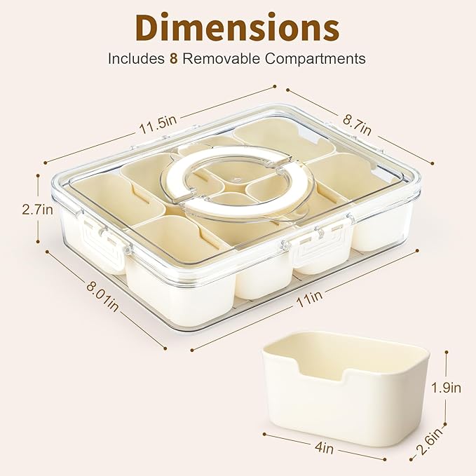Divided Serving Tray Fresh-keeping Box with Lid&Handle，8 Compartments Snackle Box Charcuterie Container,Snack Box Container for Adults,Travel Snack Tray with Lid for Fruit,Vegetable,Candy,（2 Pack）
