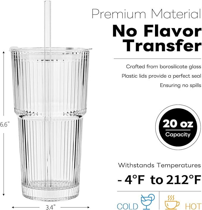 TUZAZO 20 Oz Glass Tumblers with Lids and Straws - 2 Pack Ribbed Glass Iced Coffee Cup with Straw and Lid, Thicken Glasses, Ideal for Smoothieds, Cocktails, and Juices