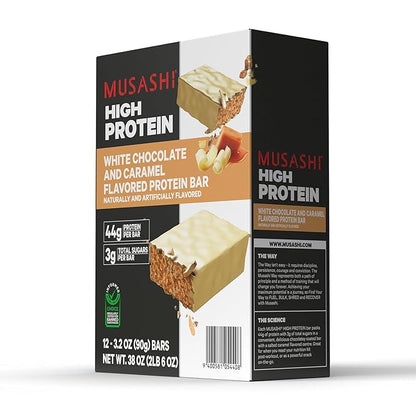 MUSASHI High Protein Bar, 44g Protein, 3g Total Sugars, White Chocolate Caramel, Post Workout and Protein Snack On The Go, 12 Pack of 3.2oz (90g) Bars