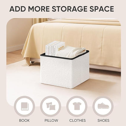 PINPLUS Storage Ottoman Cube Ottoman Foot Rest,Small Foldable Portable Boucle Upholstered Sherpa Ottomans, Faux Teddy Fur, White 16.5"x12.6"x12.6"