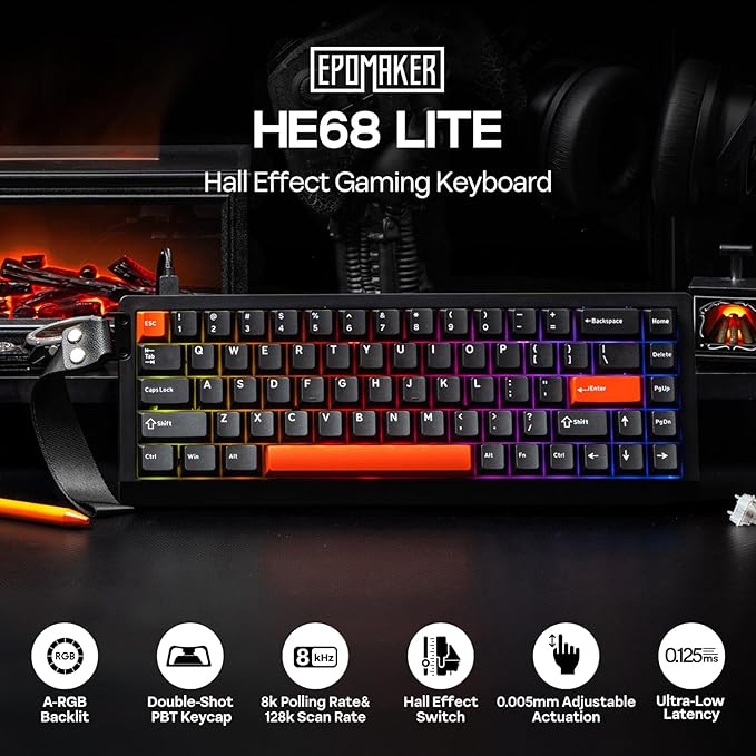 EPOMAKER HE68 Lite Hall Effect Gaming Keyboard, 8k Polling & 128K Scan Rate, 0.005mm Adjustable Trigger, 0.125ms Latency, 5-Layer Sound-Dampened, Snap Key, SOCD, A-RGB, Wired, Mac Software (Black Red)