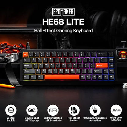 EPOMAKER HE68 Lite Hall Effect Gaming Keyboard, 8k Polling & 128K Scan Rate, 0.005mm Adjustable Trigger, 0.125ms Latency, 5-Layer Sound-Dampened, Snap Key, SOCD, A-RGB, Wired, Mac Software (Black Red)