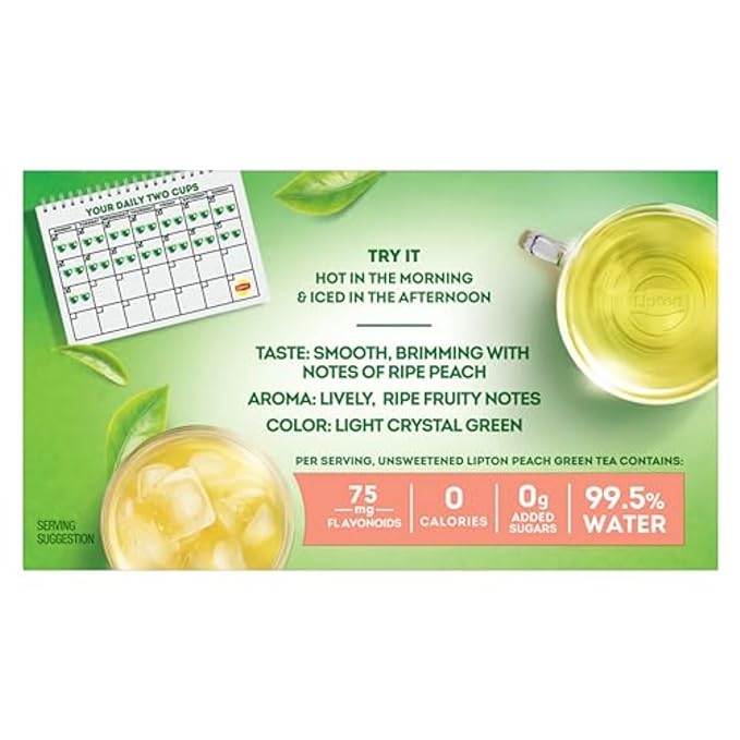 Lipton Peach Green Tea Bags, Flavored, Unsweetened Teabags for Hot Tea or Peach Iced Tea with Caffeine and Flavonoids, 120 Total Tea Bags (20ct - Pack of 6)