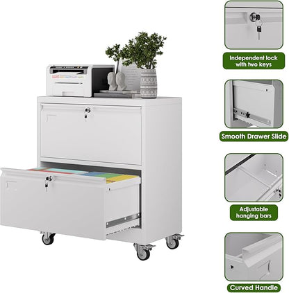 METAN Upgrade 2 Drawers Lateral File Cabinet on Wheels,Steel Office Filing Storage Cabinet with 2 Locks,White,Assembly Required