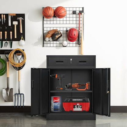 Metal Storage Cabinet, Locking Cabinet with One Drawer and Adjustable Shelf, 36.2" H x 28" W x 16" D Steel Storage Cabinet for Office, Garage, Home-Black