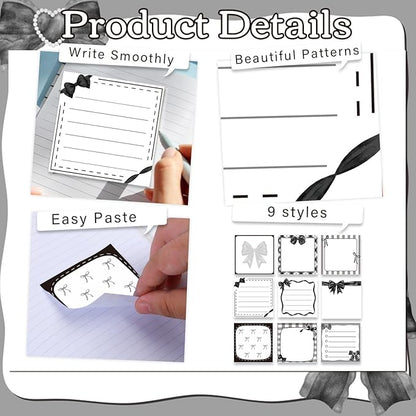 Black Bow Sticky Notes Gifts - 9 Pack Black Bow Sticky Notepads 3x3 Inch, Cute Bowknot Self-Adhesive Memo Pad Gifts for Girls Women, Gothic Office School Supplies (450 Sheets)