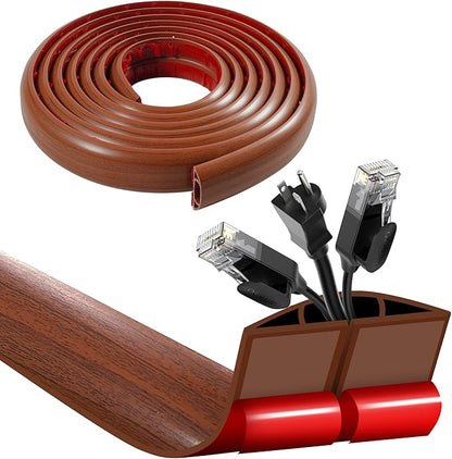 3.3ft Self Adhesive Floor Cord Cover,Heavy Duty Soft PVC Cable Protector and Extension Cord Hider,Cord Management System to Hide Wires on Floor,Cable Cavity:0.61"(W) x 0.32"(H) Walnut Wood