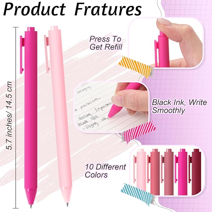 Crtiin 50 Pcs Gel Ink Pens Bulk, Black Ink 0.5mm Fine Point Retractable Pen Smooth Writing Office School Supplies for Teacher Server Operation Christmas Charity Donation Thanksgiving (Pink Series)