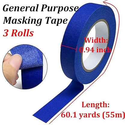 Premium Blue Painters Tape 3 Rolls, 0.94in x 60.1yds, Multi-Surface Painter's Tape Masking Tape for Painting, DIY Crafts Arts, Labeling, Decoration, Paint Tape for Indoor and Outdoor Use, Easy Removal