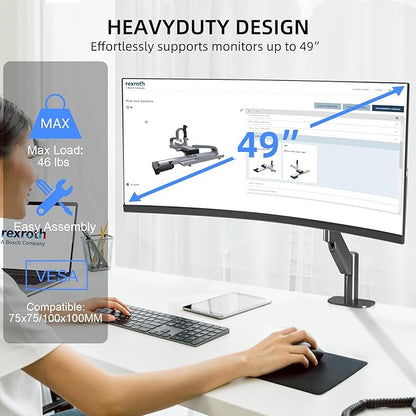 Suptek Ultrawide Monitor Arm Mount for 17 to 49 Inch Heavy Duty Curved Screen,Holds 46.2 lbs,Adjustable Gas Spring Monitor Arm Desk Mount Stand,75/100mm Vesa Mount,Black