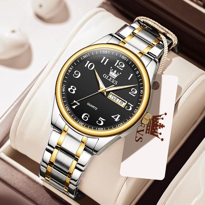 Men's Casual Stainless Steel Watch, Big Face Easy to Read Analog Quartz Watch with Day and Date, Classic Waterproof Diamond Roman Arabic Numerals Dial Dress Watch for Men, Gold Silver Black Band