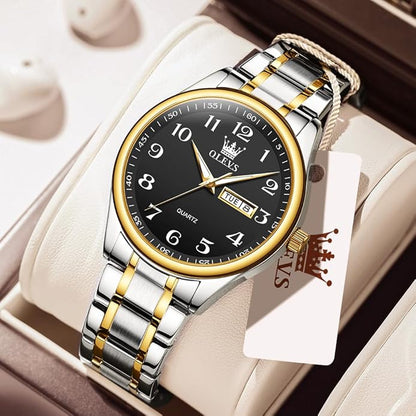 Men's Casual Stainless Steel Watch, Big Face Easy to Read Analog Quartz Watch with Day and Date, Classic Waterproof Diamond Roman Arabic Numerals Dial Dress Watch for Men, Gold Silver Black Band