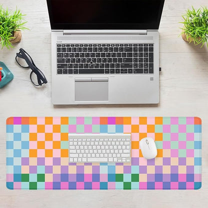 Colorful Plaid Desk Mat Cute Grid Red Blue Pink Yellow Large Gaming Mouse Mat with Stitched Edges,Non-Slip Waterproof Rubber Base Mous Mat 31.5"x11.8"