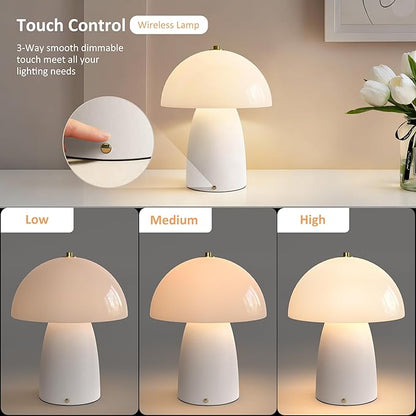 11" Mushroom Table Lamp, Small Ceramic Desk Bedside Lamp with Touch Control 3-Way Dimmable & Glass Shade, Modern Nightstand Lamp for Living Room Bedroom Home Office Crackle Texture Decor-White