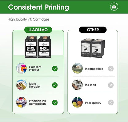 LLAOLLAO 64XL Black Ink Cartridge Replacement for HP Ink 64 High Yield Printer Ink 64 XL Works with HP Envy Photo 7855 7858 7155 7800 6255 6252 7158 Tango Printer (2 Black)