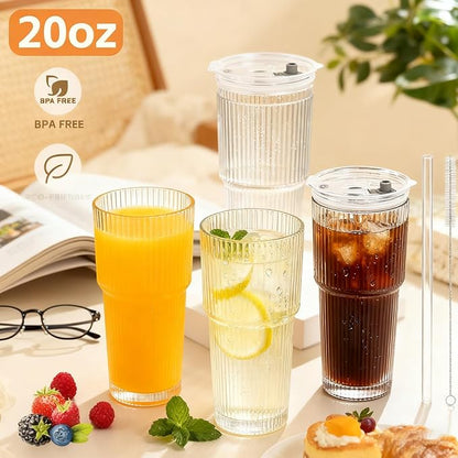 20 oz Glass Tumblers, Iced Coffee Cups with Lids and Glass Straws, Thickened Wall Glass Cups, Ideal for Smoothies, Cocktails, and Juices – Vintage and Durable Drinkware –2 Pack