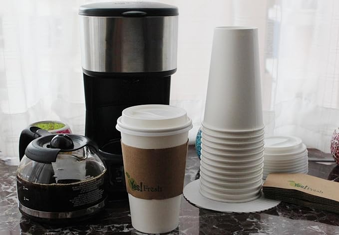 Yes!Fresh Disposable Paper Hot Coffee Cups with Lids for Office Parties Home Travel Corrugated Sleeve Hot Drink Cups (White 16 oz 100 count)