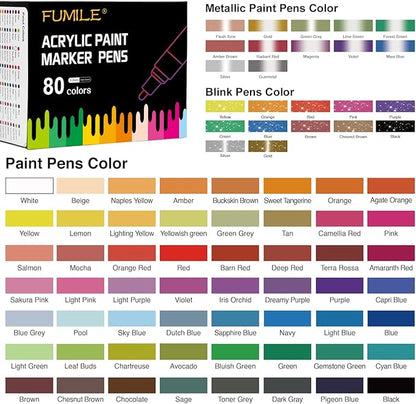 FUMILE Acrylic Markers Paint Pens, 80 Colors Paint Markers include Metallic Color (12 PCS), Blink Color (12 PCS) and Normal Color (56 PCS). For Rock,Metal,Plastic,Glass,Canvas,Ceramic,Wood,And More