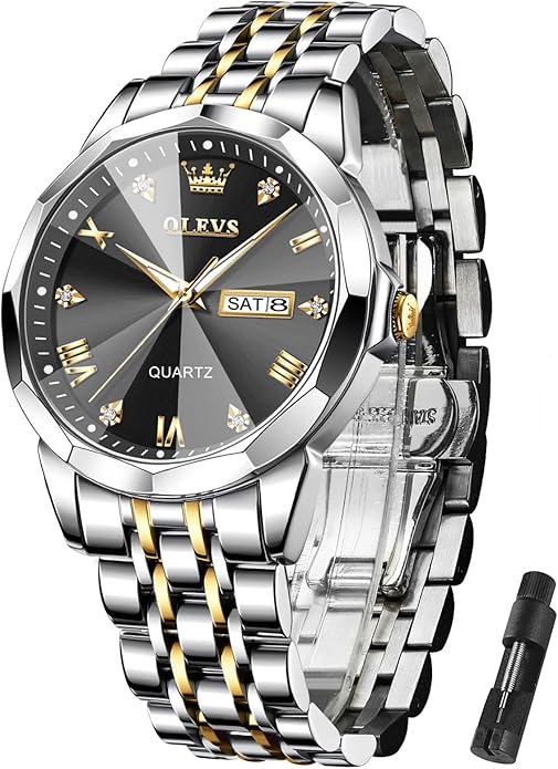 OLEVS Mens Watch Stainless Steel Analog Quartz Watches for Men Day Date Easy Read Diamond Waterproof Dress Luxury Classic Casual Big Face Blue/Black/Gold/Silver Roman Arabic Numerals Men's Wrist Watch