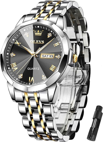OLEVS Mens Watch Stainless Steel Analog Quartz Watches for Men Day Date Easy Read Diamond Waterproof Dress Luxury Classic Casual Big Face Blue/Black/Gold/Silver Roman Arabic Numerals Men's Wrist Watch