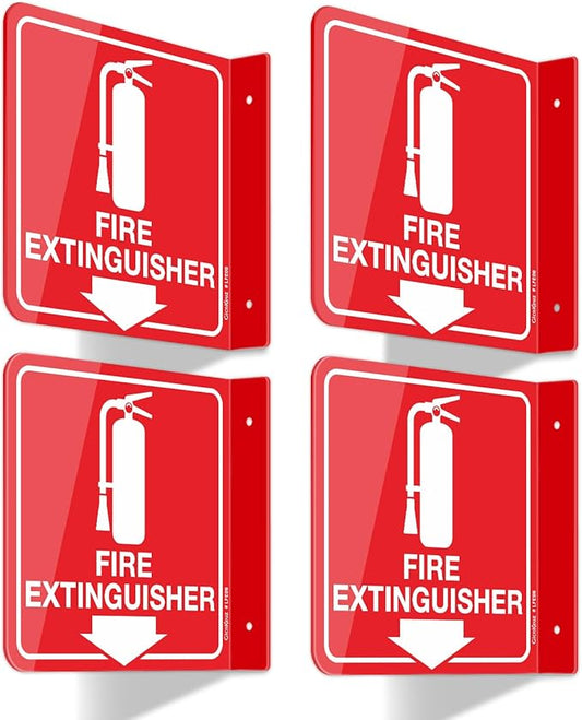 GicnKeuz Fire Extinguisher Sign, 6" x 6" Fire Extinguisher Projecting Sign with Down Arrow, Two-Sided Acrylic L-Signs, Including Screws, Easy to Install, Home Office/Business Use (4 Pack)