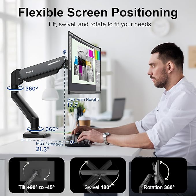 NearHub Single Monitor Mount Arm for 13-32" Up 22 lbs Screens | VESA 75x75/100x100 | Clamp/Grommet Base | Cable Management | Space Saving Desk Setup,180° Swivel, Tilt +90° to -45°, 360°Rotation